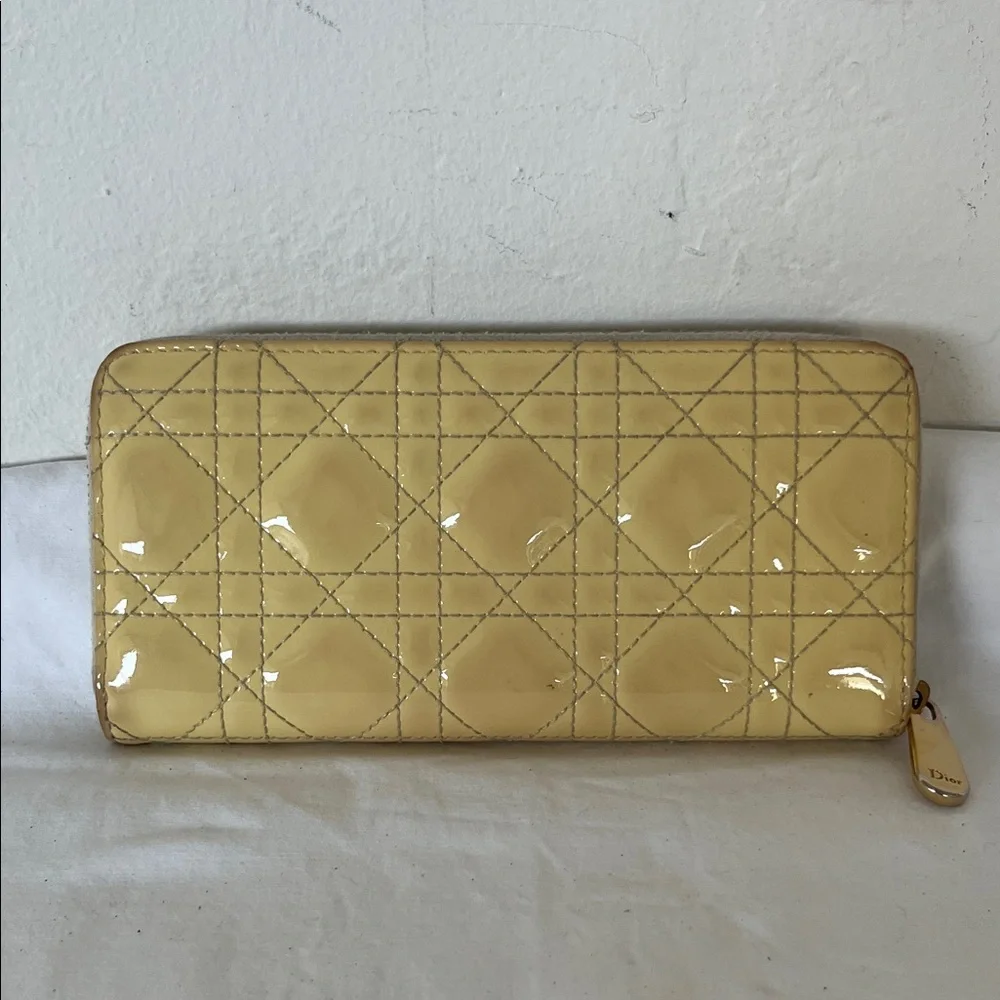 Lady Dior Patent Leather Zip-Around Wallet in Yellow